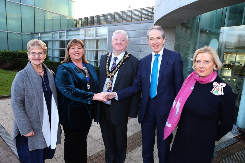 Pictured at the handover ceremony in Cloonavin is (L-R) The High Sheriff of Co Antrim, Patricia Perry; new High Sheriff of County Londonderry, Linda Steele; Mayor of Causeway Coast and Glens, Councillor Steven Callaghan; outgoing High Sheriff of Co Londonderry, Peter Wilson; and Lord Lieutenant of Londonderry, Alison Millar.
