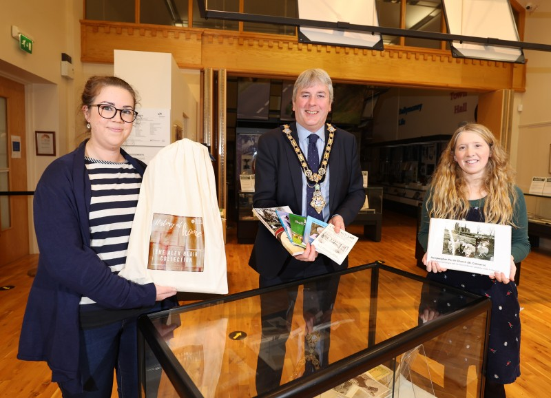 The Mayor of Causeway Coast and Glens Borough Council Councillor Richard Holmes pictured with Museum Services Officers Sarah Carson and Jamie Austin as they launch the new History at Home initiative.