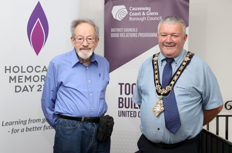 Holocaust survivor, Dr Martin Stern MBE, pictured with the Mayor of Causeway Coast and Glens Borough Council, Councillor Ivor Wallace.