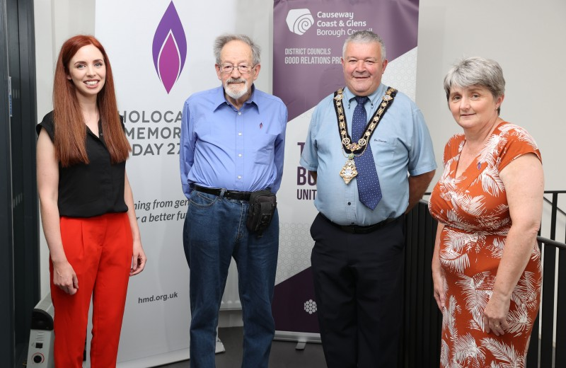 Good Relations Officer Dearbhaile Hutchinson, Holocaust survivor, Dr Martin Stern MBE, the Mayor of Causeway Coast and Glens Borough Council, Councillor Ivor Wallace.and Shirley Lennon from the Holocaust Memorial Trust pictured at the event in Dungiven.