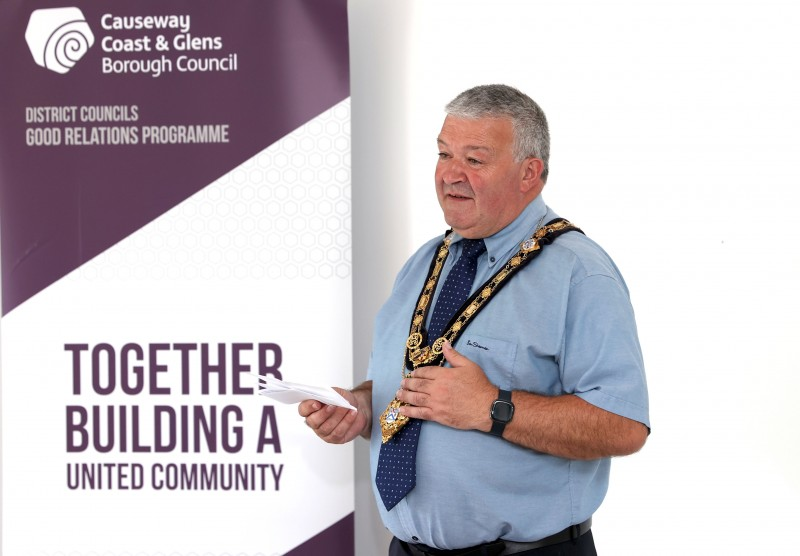 The Mayor of Causeway Coast and Glens Borough Council, Councillor Ivor Wallace speaks to those in attendance at the event in Dungiven.