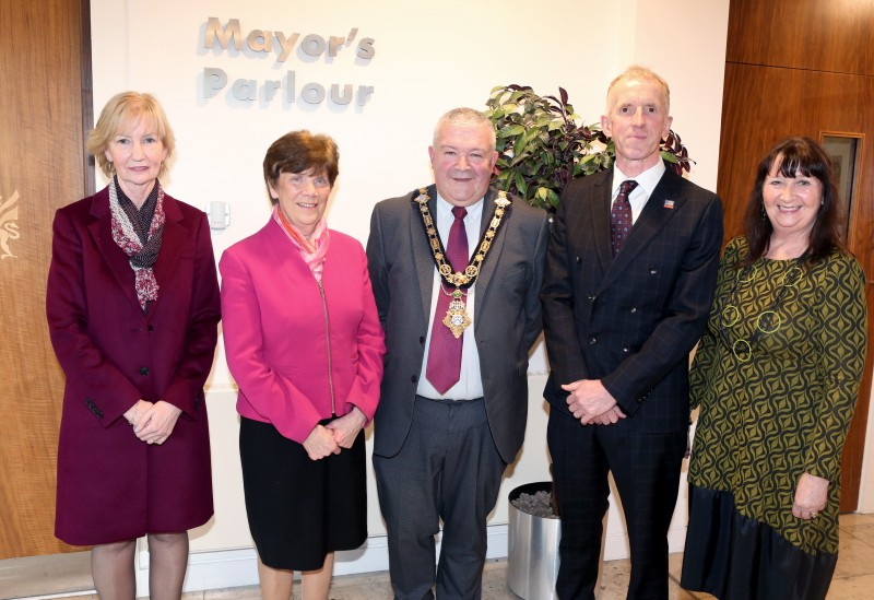 Heather Pratt MBE, Ann Heaslett MBE, Peter Jack MBE from Limavady, and Peter’s wife Sharon pictured with the Mayor of Causeway Coast and Glens Borough Council, Councillor Ivor Wallace.