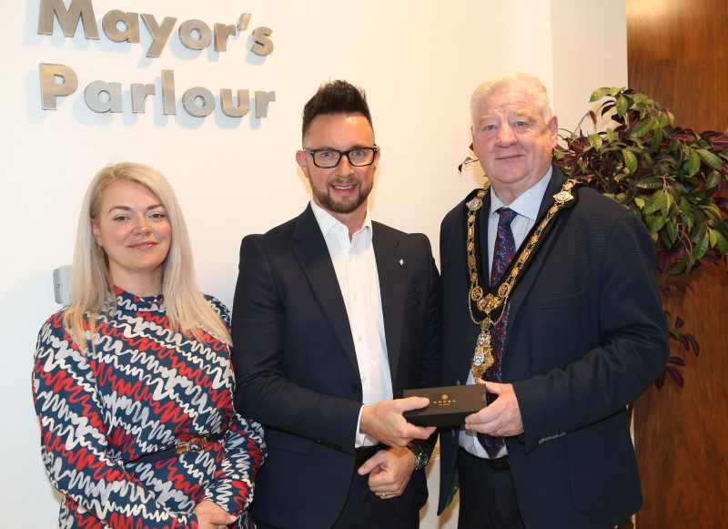 Pictured alongside the Mayor of Causeway Coast and Glens Borough Council, Councillor Steven Callaghan are Mark Hanna BEM and Patricia Hanna who both attended a recent Mayoral reception at Cloonavin.