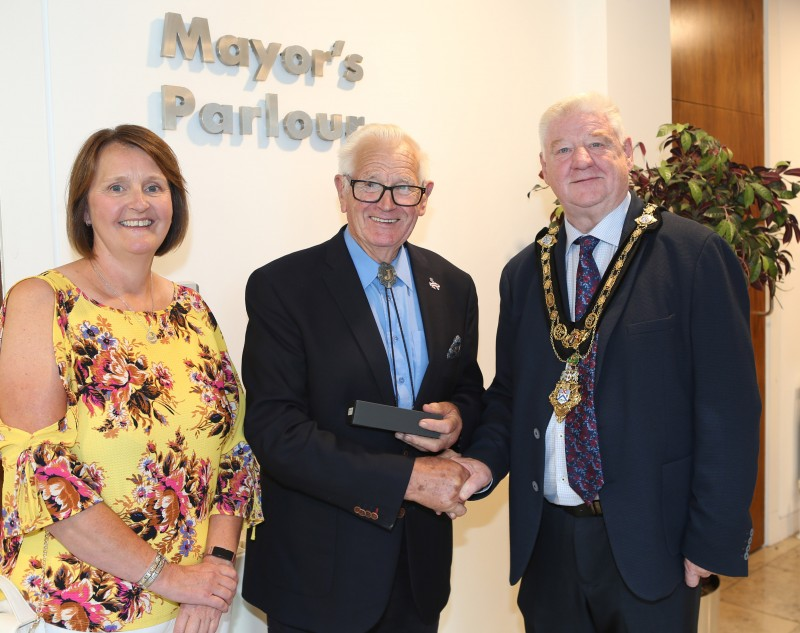 Pictured alongside the Mayor of Causeway Coast and Glens Borough Council, Councillor Steven Callaghan are John Gault BEM and daughter Gillian Wilson who both attended a recent Mayoral reception at Cloonavin.