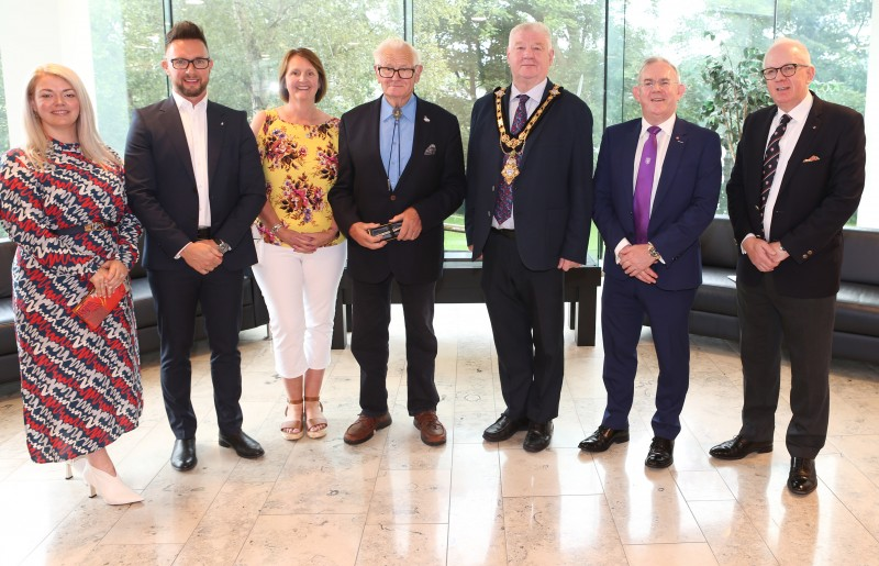 Pictured alongside the Mayor of Causeway Coast and Glens Borough Council, Councillor Steven Callaghan, at a recent reception held in Cloonavin are (l-r) Patricia Hanna, Mark Hanna BEM, Gillian Wilson, John Gault BEM, Dr Paul Little CBE and Mark Little MBE.