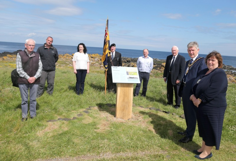 Pictured at the unveiling of the new information panel to mark the site of the World War II arrow are Graham Lowe, Richard Engall (Portstewart Golf Club), Siobhan McKenna, Causeway Coast and Glens Borough Council Tourism team, Tommy Henry, Cathal Cunning (Chief Marshall North West 200) and Harry Cullen along with the Mayor of Causeway Coast and Glens Borough Council Alderman Mark Fielding and Mayoress, Mrs Phyllis Fielding