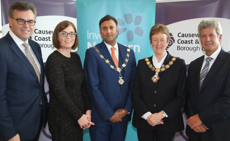 The Mayor of Causeway Coast and Glens Borough Council, Councillor Joan Baird OBE, pictured with Invest NI Chief Executive Alastair Hamilton (right) and Chairman Mark Ennis, along with Annette Deighan and Anthony Newman from Causeway Chamber of Commerce at the Invest NI Networking Lunch in Cloonavin.