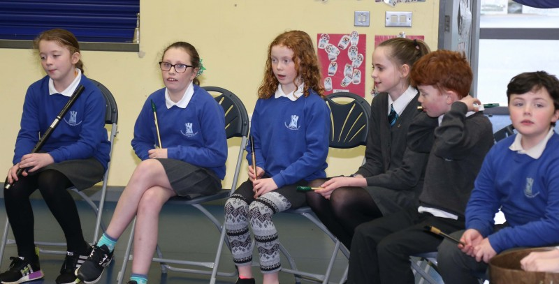 Some of the young musicians who performed during the visit of the Mayor of Causeway Coast and Glens Borough Council Councillor Brenda Chivers to Gaelscoil an Chaistil in Ballycastle.
