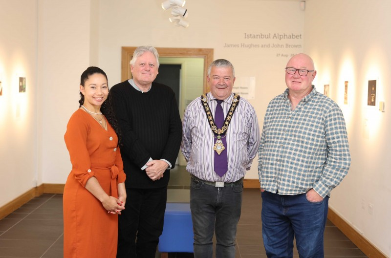 Esther Alleyne from Roe Valley Arts and Cultural Centre, pictured with photographer James Hughes and writer John Brown who have created the Istanbul Alphabet exhibition, along with the Mayor of Causeway Coast and Glens Borough Council, Councillor Ivor Wallace.