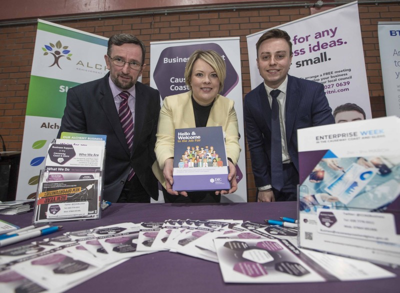 Councillor George Duddy, Joanne McLaughlin, Causeway Coast and Glens Borough Council and Stephen McGlew from Department for Communities pictured at the Job Fair held in Coleraine Leisure Centre.