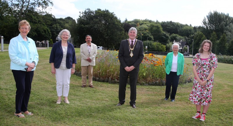 Lois Kennedy (right) pictured at Cloonavin with some of those who contributed to her John Hewitt International Summer School bursary, Councillor Joan Baird, Alderman Yvonne Boyle, Charlie McConaghy, Mayor of Causeway Coast and Glens Borough Council Councillor Richard Holmes, and Dr Gill Michael.
