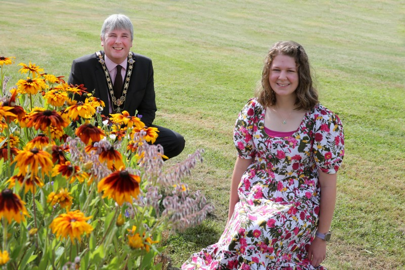 Lois Kennedy pictured at Cloonavin with the Mayor of Causeway Coast and Glens Borough Council Councillor Richard Holmes. Lois recently attended the John Hewitt International Summer School with support from Causeway Coast and Glens Borough Council and community donations.