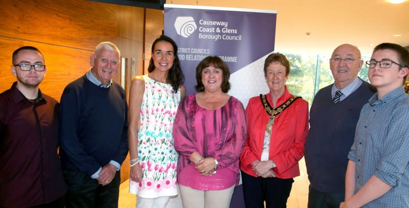 Zac Simpson, Alderman William King, Councillor Stephanie Quigley, Good Relations Officer Joy Wisener, Mayor of Causeway Coast and Glens Borough Council, Councillor Joan Baird OBE, Councillor Barney Fitzpatrick and Callum West.