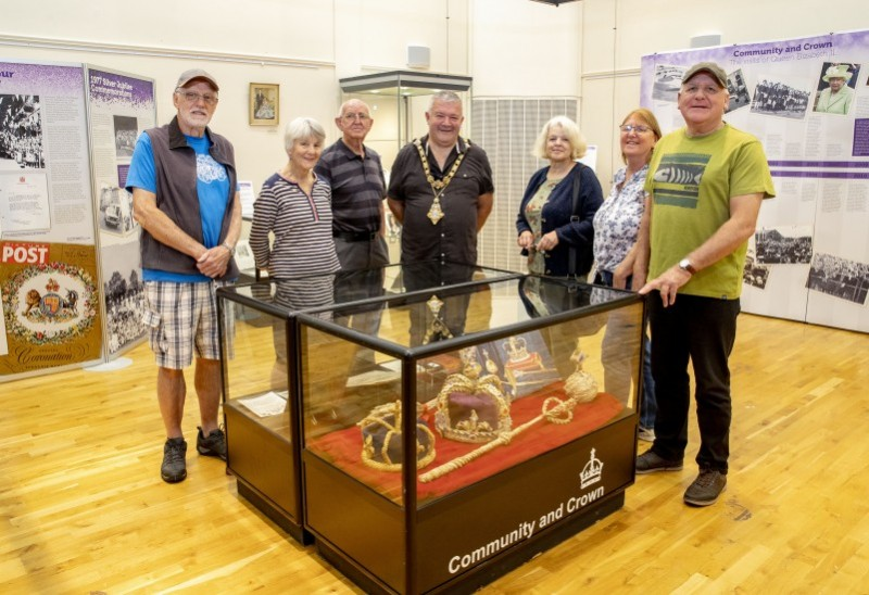 Pictured during a visit to Ballymoney Museum where a special exhibition celebrating HM The Queen’s Platinum Jubilee is now open are Kathleen Toye, Barry Toye, Chris Watson, Patty Watson, Angie Hemphill and Robert Watson with the Mayor of Causeway Coast and Glens Borough Council Councillor Ivor Wallace.