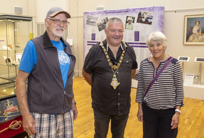 The Mayor of Causeway Coast and Glens Borough Council Councillor Ivor Wallace pictured with Barry and Kathleen Toye during their recent visit to Ballymoney Museum.