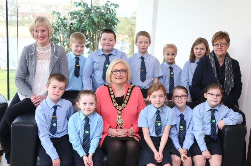 The Mayor of Causeway Coast and Glens Borough Council Councillor Brenda Chivers pictured with pupils from Kilrea Primary School, ECO Schools co-ordinator Claire Anderson and Principal Karen Stinston at a civic reception in Cloonavin.