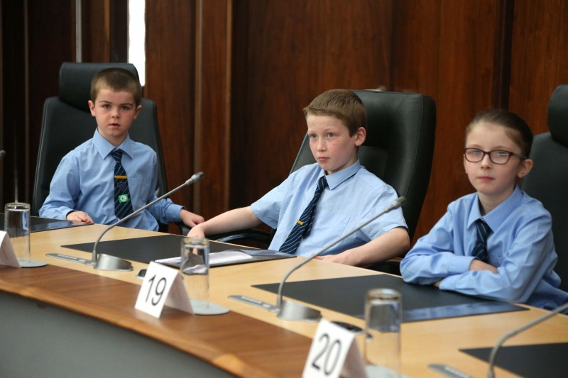 Pupils from Kilrea Primary School pictured in the Council Chamber during their visit to Cloonavin.
