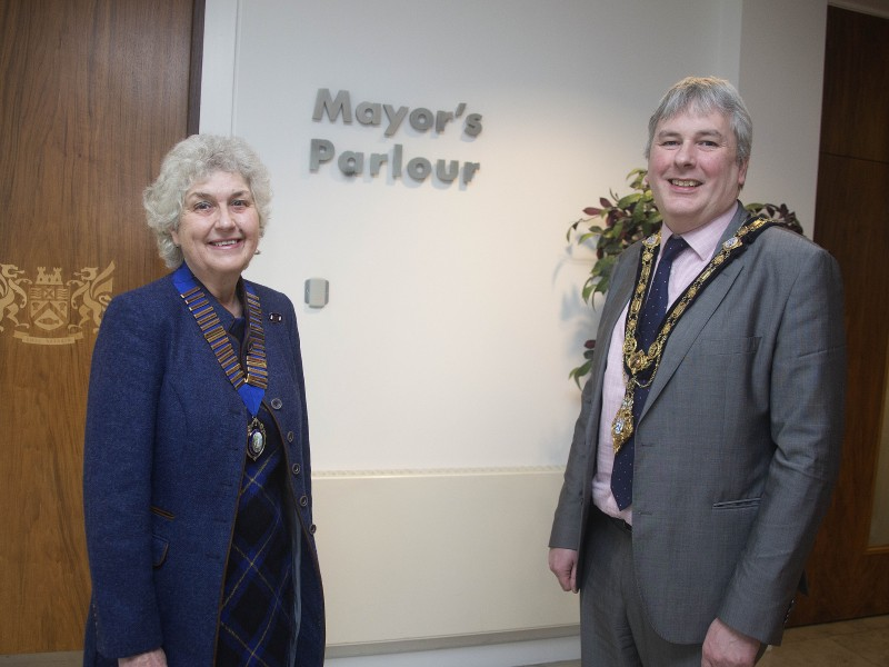 The Mayor of Causeway Coast and Glens Borough Council Councillor Richard Holmes pictured with Kilrea WI President Mrs Jennifer Gardiner at Cloonavin.