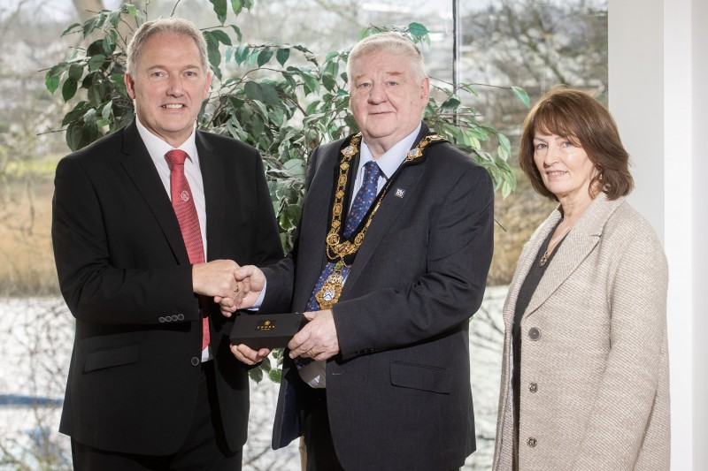 Mayor of Causeway Coast and Glens, Councillor Steven Callaghan with Lesley Irvine MBE and Thelma Irvine. Lesley was recognised in The King’s New Year Honours list for services to association football.