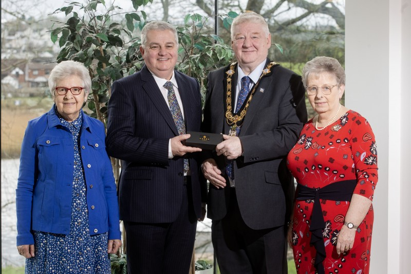 Mayor, Councillor Steven Callaghan with Alister Smyth BEM, who was recognised in the New Year Honours list for voluntary and charitable cervices to the community in Limavady. Also pictured are Evelyn Smyth and Eileen Bond.