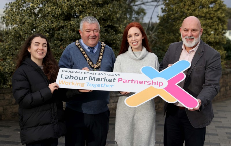 Pictured at the launch of Causeway Coast and Glens Labour Market Partnership’s new Personal Learning Account Fund are Chloe Stewart, the Mayor of Causeway Coast and Glens Borough Council, Councillor Ivor Wallace, Marc McGerty and Dearbhaile Hutchinson