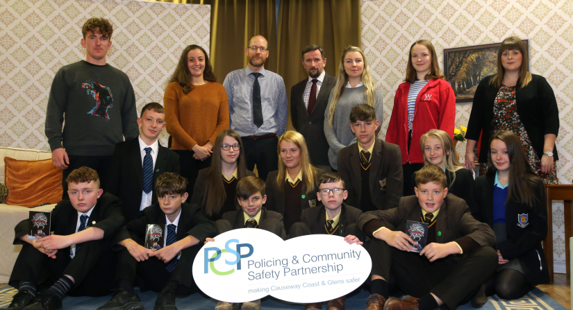 Pupils from Ballycastle High School and Cross and Passion College pictured with teacher Nick Berry (back row, third left) PCSP Chairperson Alderman George Duddy (back row, fourth left) teacher Nicky Thompson (back row, left) and Solomon Theatre Company facilitators following the performance of ‘Last Orders’.
