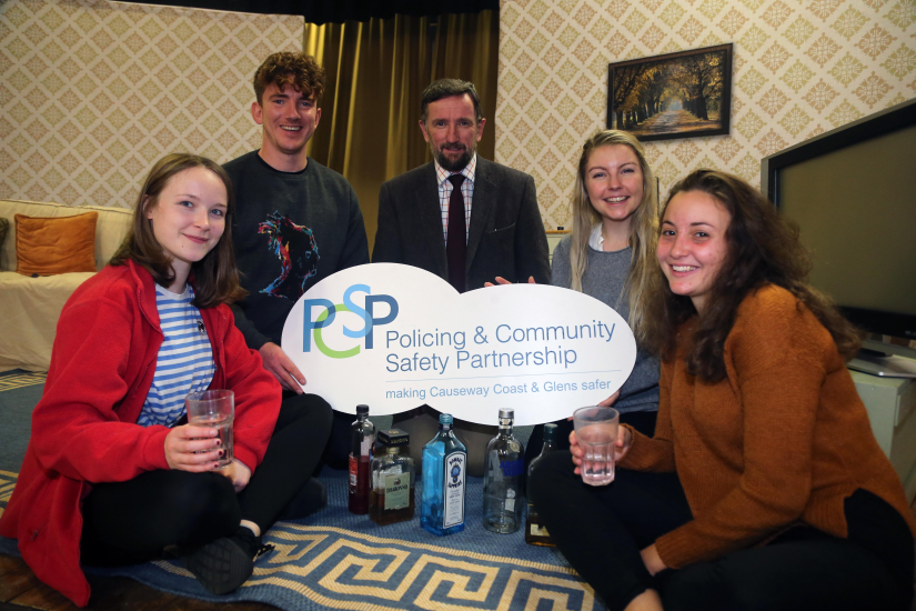 Members of the Solomon Theatre Company who took part in the ‘Last Orders’ performance pictured with PCSP Chairperson George Duddy. The play highlights the dangers of alcohol, anti-social behaviour and online misuse.