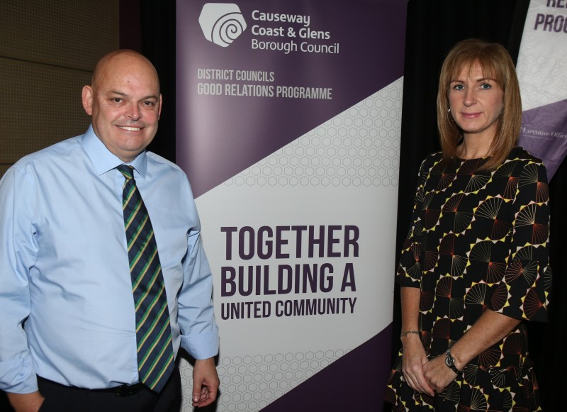 Pictured are Peter Osbourne from Rubicon and Patricia Cameron, Causeway Coast and Glens Borough Council Good Relations Manager at the ‘Let’s Talk’ event in Roe Valley Arts and Cultural Centre, Limavady.