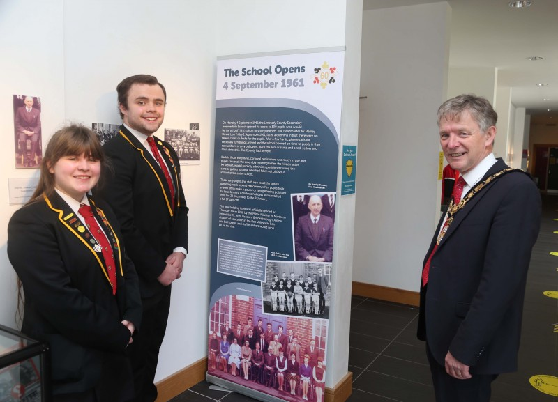 The Mayor of Causeway Coast and Glens Borough Council Alderman Mark Fielding pictured at the Limavady High School exhibition which has opened at Roe Valley Arts and Cultural Centre with Leah Craig and Jacob Coyle (Head Boy and Head Girl for 2020/21)