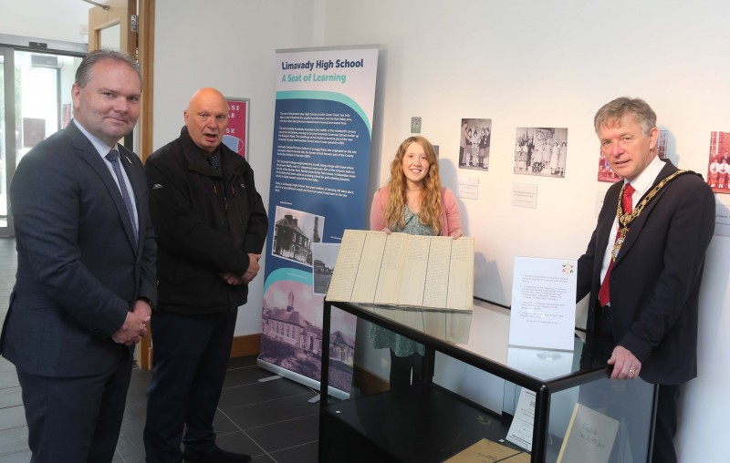 Darren Mornin, Principal of Limavady High School, George Dallas, Head of History, Museums Officer, Jamie Austin and the Mayor of Causeway Coast and Glens Borough Council Alderman Mark Fielding pictured at the launch of the new exhibition which marks 60 years of Limavady High School.