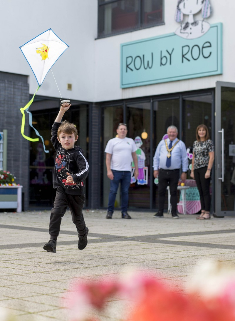Flying his kite creation at Drumceatt Square outside Roe Valley Arts and Cultural Centre.