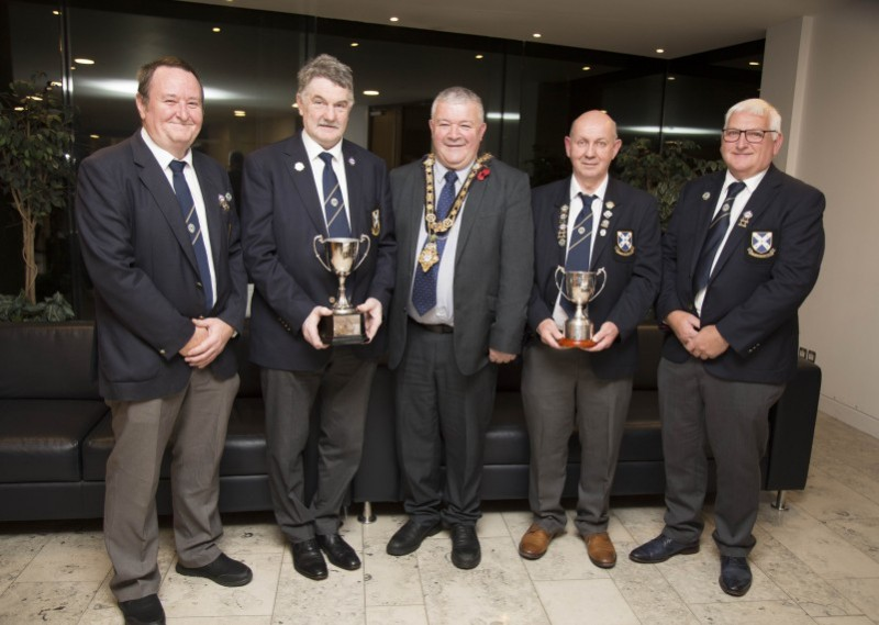 The Mayor of Causeway Coast and Glens Borough Council, Councillor Ivor Wallace, pictured with Robin Brown, Gerard Begley, Uel Gordon and David Calvin (Provincial Towns Senior and Irish Senior Fours winners).