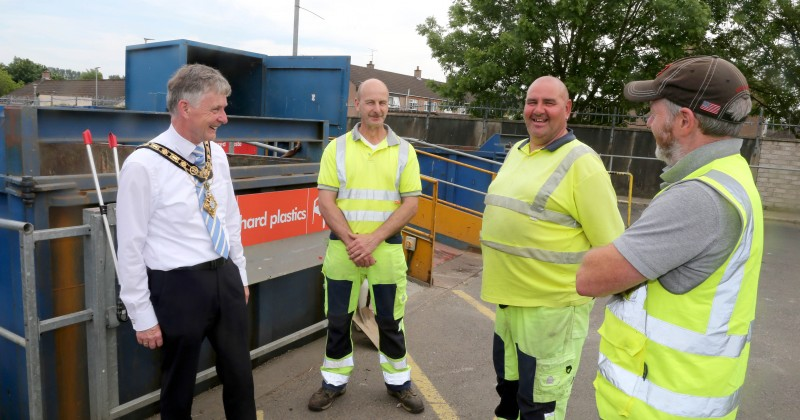 The Mayor of Causeway Coast and Glens Borough Council Alderman Mark Fielding pictured at Limavady depot with Arnie Glendinning and Georgie Holmes.