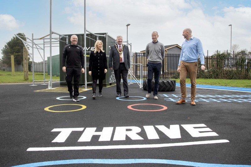 Taking in the new Outside Functional Training Area are John Peart, Duty Officer; Wendy McCullough, Head of Sport and Wellbeing; Mayor, Councillor Steven Callaghan; Brian Tohill, General Manager; and Ricky Dennison, Leisure Operations Manager.