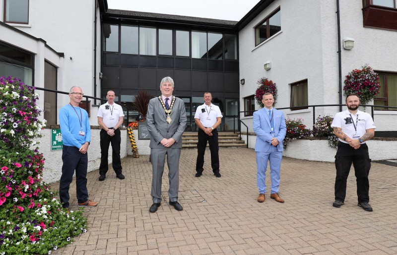 Pictured at Riada House in Ballymoney on the first day of a year-long trial between Causeway Coast and Glens Borough Council and Waste Investigations Support & Enforcement (WISE) to tackle littering and dog fouling across the borough are Bryan Edgar (Causeway Coast and Glens Borough Council Head of Health and Built Environment), Mark Reilly, Mayor of Causeway Coast and Glens Borough Council Councillor Richard Holmes, Michael Bingham, Warren Hodgson (Operations Director) and Graham Perry.