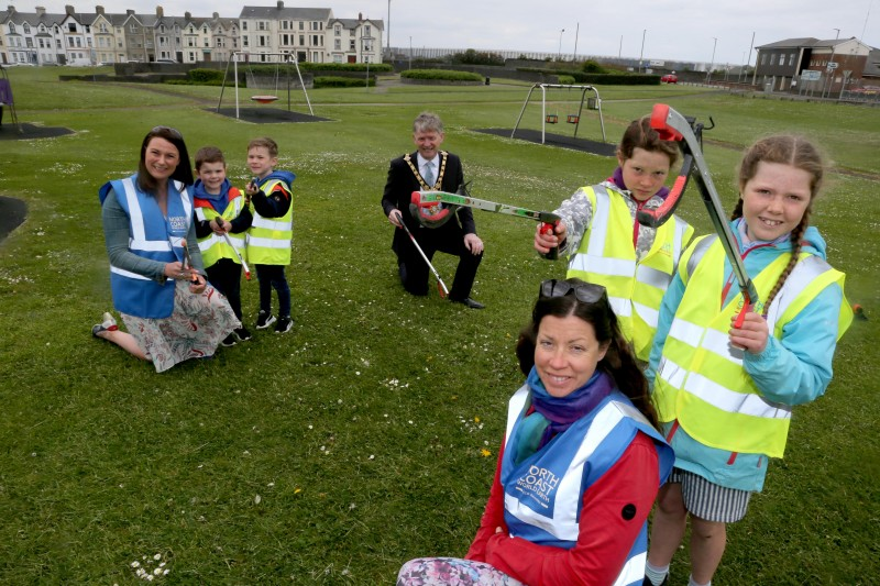 Bronagh Sweeney, Deirdre Doherty, Zachery Wallace, Jacob Wallace, Aileen Watters and Clodagh Watters from North Coast World Earth pictured with the Mayor of Causeway Coast and Glens Borough Council Alderman Mark Fielding at Metropole Park in Portrush.
