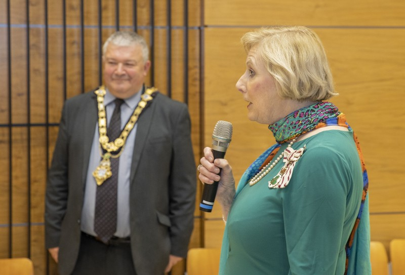 The Lord Lieutenant for County Londonderry Alison Millar speaks at the event hosted in Cloonavin by the Mayor of Causeway Coast and Glens Borough Council, Councillor Ivor Wallace.