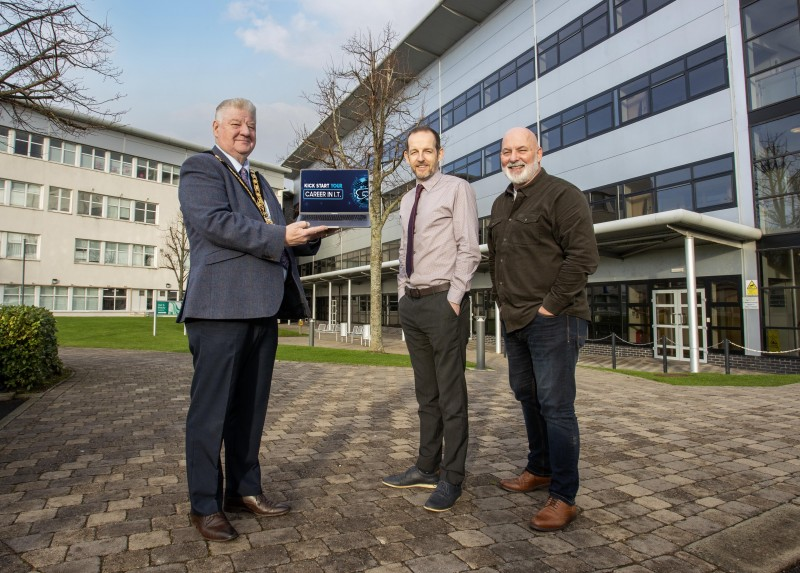 Mayor of Causeway Coast and Glens, Councillor Steven Callaghan, Luke McCloskey, NWRC Limavady Campus Manager and Marc McGerty, Causeway Coast and Glens Labour Market Partnership Manager promoting the KickStart IT programme.