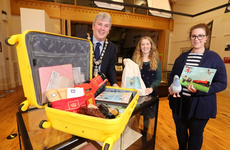 The Mayor of Causeway Coast and Glens Borough Council, Councillor Richard Holmes pictured with Museum Officers Jamie Austin and Sarah Calvin and the a new ‘Loan Box’ of materials for use by nurseries, schools, or community groups