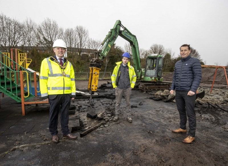 The Mayor of Causeway Coast and Glens Borough Council Alderman Mark Fielding pictured with James McNicholl of JPM Contracts Ltd and Michael O’Brien, Causeway Coast and Glens Borough Council’s Sport and Facilities Officer, as work gets underway at the site of Limavady’s new accessible play park.