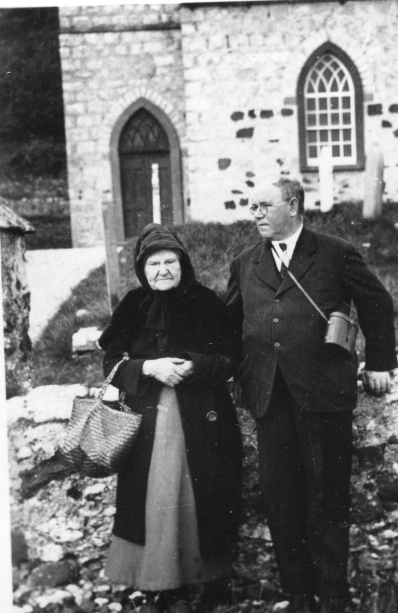 An archive image of local folklorist Sam Henry and Rathlin Island storyteller Katie Glass.