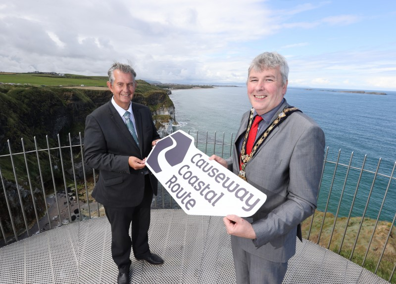 The Mayor of Causeway Coast and Glens Borough Council Councillor Richard Holmes pictured with Minister for Agriculture, Environment and Rural Affairs Edwin Poots at Magheracross outside Portrush where new panoramic viewing points are now open for the public to enjoy at this popular location along the Causeway Coastal Route.