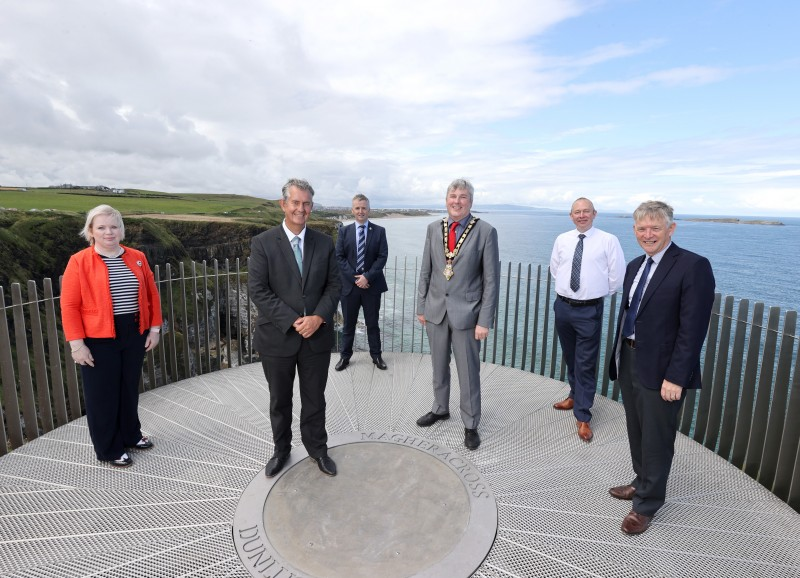 Pictured at an event to mark the completion of world-class development work at Magheracross outside Portrush are Councillor Michelle Knight-McQuillan, Minister for Agriculture, Environment and Rural Affairs Edwin Poots, Councillor John McAuley, the Mayor of Causeway Coast and Glens Borough Council Councillor Richard Holmes, Councillor Philip Anderson and Alderman Mark Fielding.