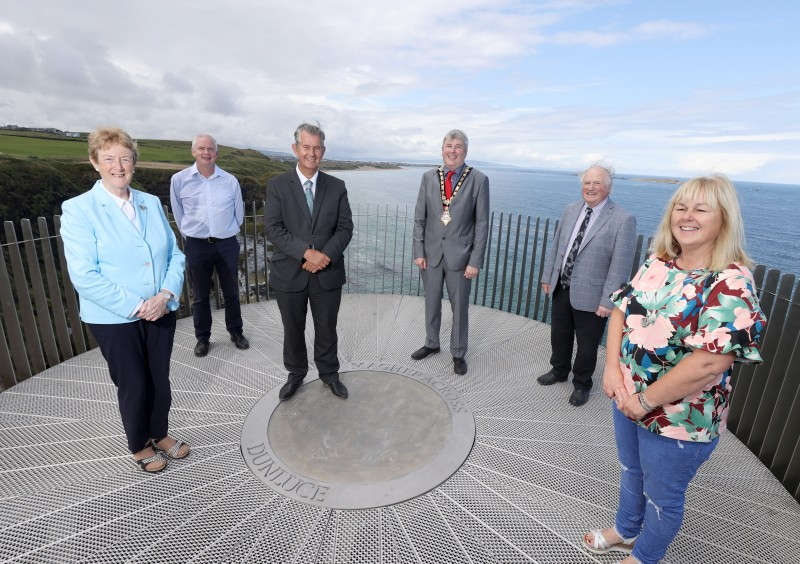 Pictured at an event to mark the completion of world-class development work at Magheracross outside Portrush are Alderman Joan Baird, Councillor Dermott Nicholl, Minister for Agriculture, Environment and Rural Affairs Edwin Poots, Mayor of Causeway Coast and Glens Borough Council Councillor Richard Holmes, Alderman Norman Hillis and Councillor Margaret Anne McKillop.