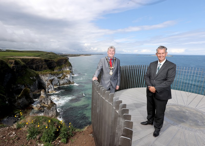 The Mayor of Causeway Coast and Glens Borough Council Councillor Richard Holmes pictured with Minister for Agriculture, Environment and Rural Affairs Edwin Poots at Magheracross outside Portrush where new panoramic viewing points are now open for the public to enjoy.