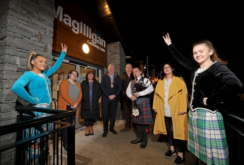 Pictured at the musical evening at Magilligan Community Centre are Megan Henderson and Emily Peart from the Sollus School of Highland Dance, piper Darren Milligan, Leona Ferris from Magilligan Community Association, Good Relations Officer Joy Wisener, the Mayor of Causeway Coast and Glens Borough Council Councillor Richard Holmes, John Thompson from Aghanloo Community Association and Kerry Connolly, Chair of  Magilligan Community Association.