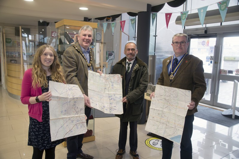 ​ Ballymoney Museum recently welcomed the donation of a collection of maps from the Iraq war by local man, Colour Sergeant Stephen Murdock. Attending the official presentation are (l-r): Jamie Austin, Museum Services Officer; the Mayor of Causeway Coast and Glens Borough Council, Councillor Richard Holmes; Colour Sergeant Stephen Murdock; and Mark McLaughlin, Chairman, Royal British Legion, Ballymoney.