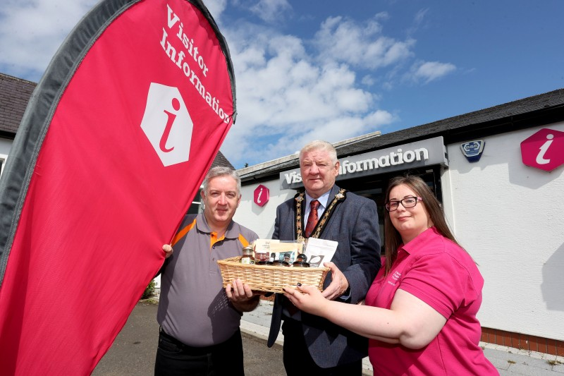 Pictured outside Bushmills Visitor Information Centre (l-r) Eoin Mc Connell Naturally North Coast and Glens, The Mayor Councillor Steven Callaghan, and Gina Doherty Council’s Visitor Servicing Team.