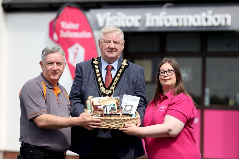 The Mayor Councillor Steven Callaghan launches a new addition to Council VIC’s across the borough – Seasons of the Glens Farm Shop, pictured alongside Eoin Mc Connell Naturally North Coast and Glens, and Gina Doherty Council’s Visitor Servicing Team.