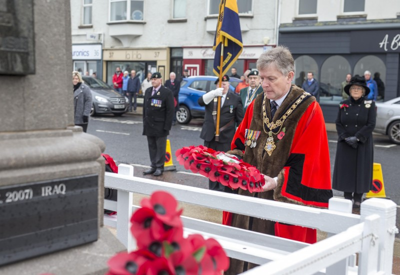 Mayor of Causeway Coast and Glens Borough Council, Alderman Mark Fielding lays a wreath on behalf of the citizens of the Borough at the War Memorial in Portstewart on Remembrance Sunday